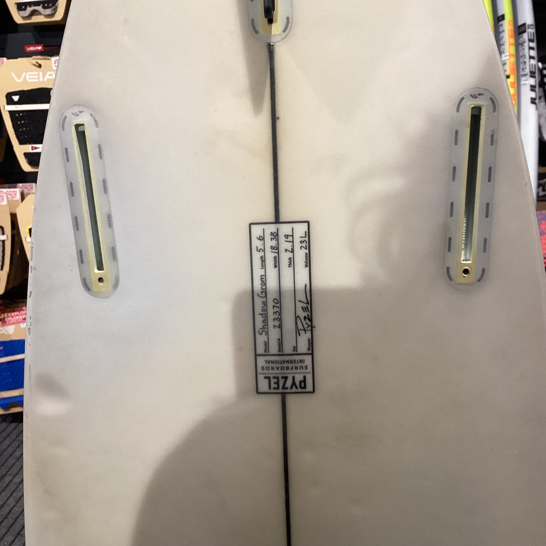 Second-hand Pyzel Shadow Grom surfboard 5'6 with Futures fin setup available at Freeride Surf & Skate NZ.