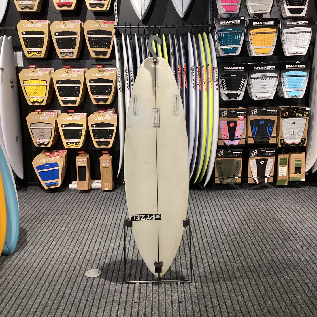 Second-hand Pyzel Shadow Grom surfboard 5'6 with Futures fin setup available at Freeride Surf & Skate NZ.