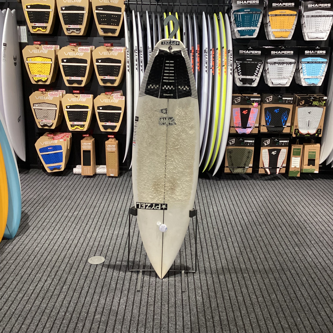 Second-hand Pyzel Shadow Grom surfboard 5'6 with Futures fin setup available at Freeride Surf & Skate NZ.