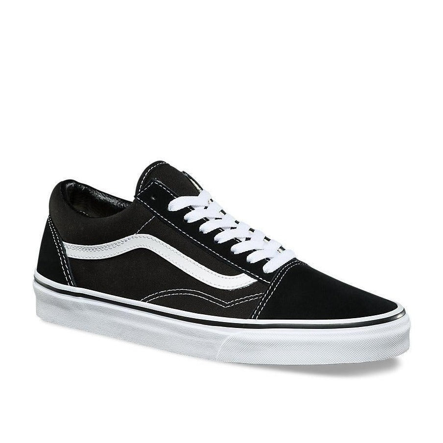 Vans Classic Old Skool shoes in Black White with suede and canvas upper, iconic white side stripe and rubber waffle sole.