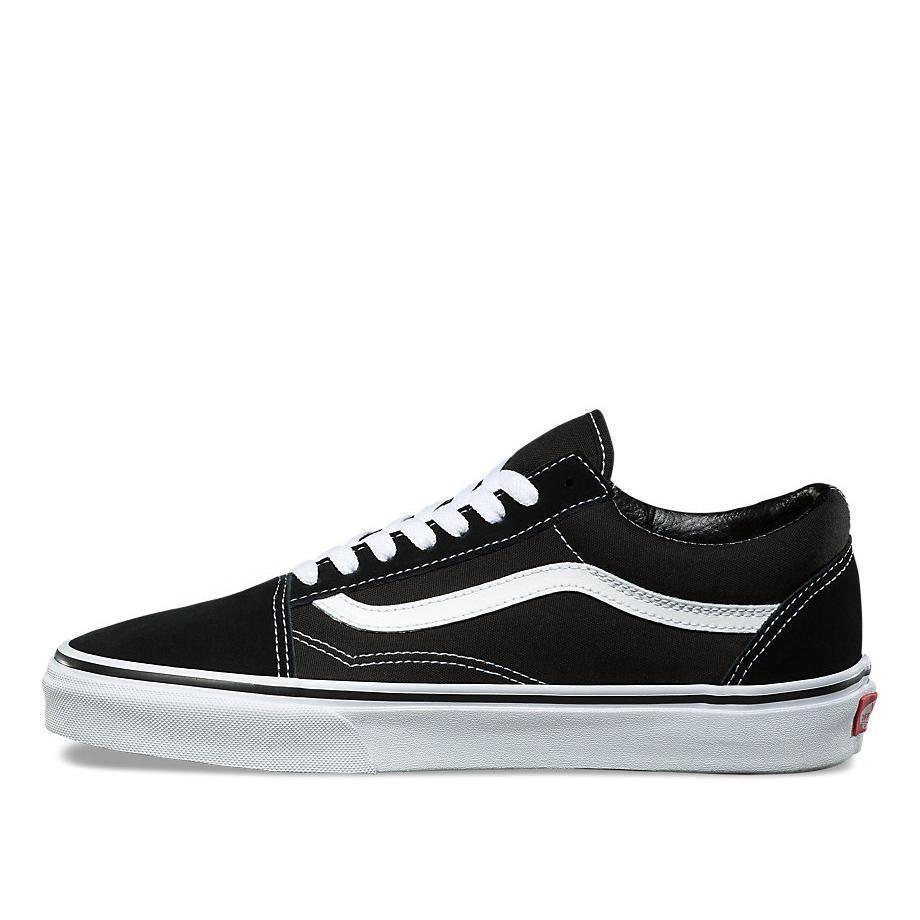 Vans Classic Old Skool shoes in Black White with suede and canvas upper, iconic white side stripe and rubber waffle sole.