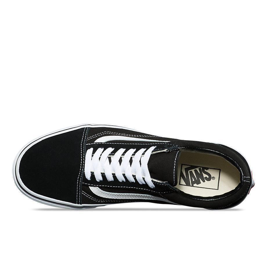 Vans Classic Old Skool shoes in Black White with suede and canvas upper, iconic white side stripe and rubber waffle sole.