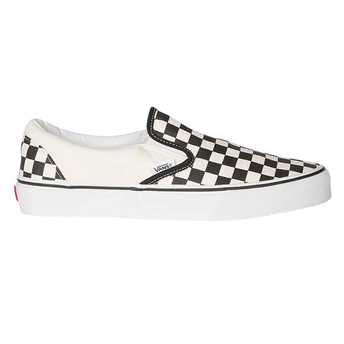 A classic Vans slip-on platform sneaker featuring a black and white checkerboard pattern on the canvas upper, with a thick white rubber sole.
