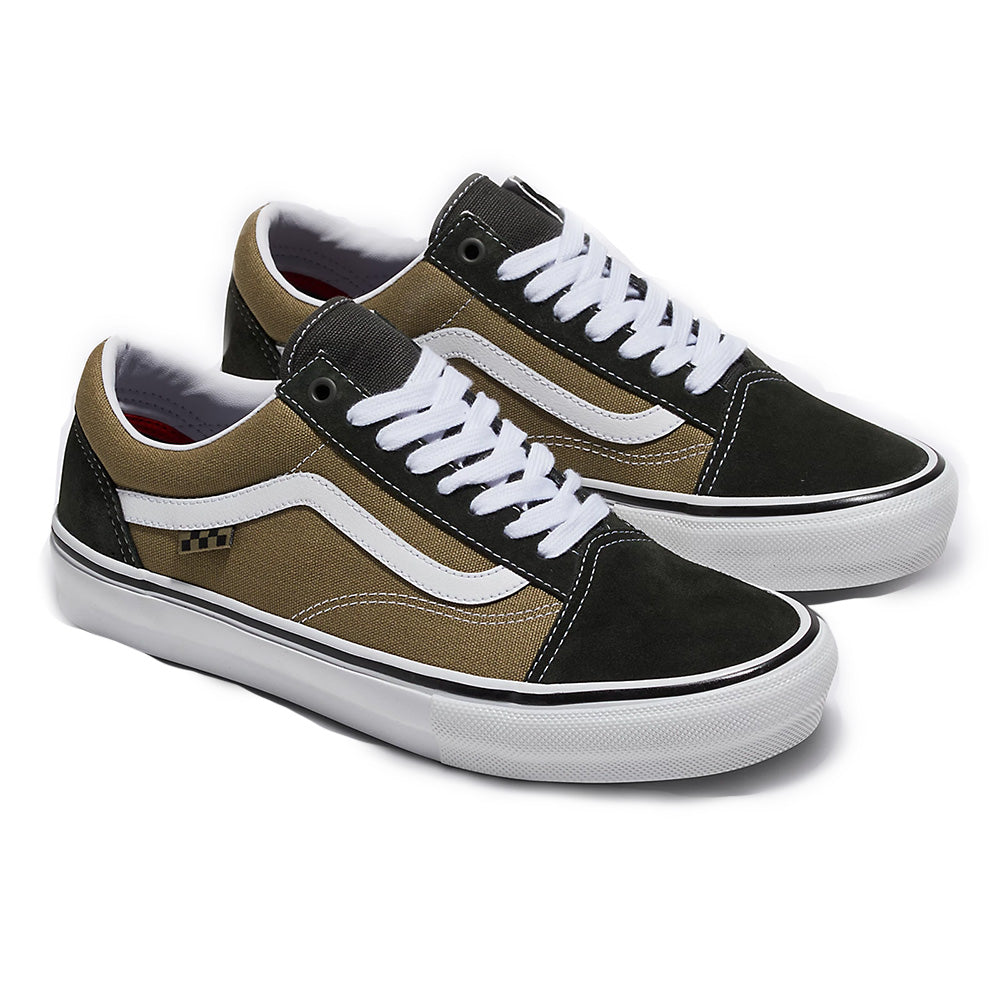 A pair of VANS SKATE OLD SKOOL GOTHIC OLIVE sneakers with black, white, and green color scheme.