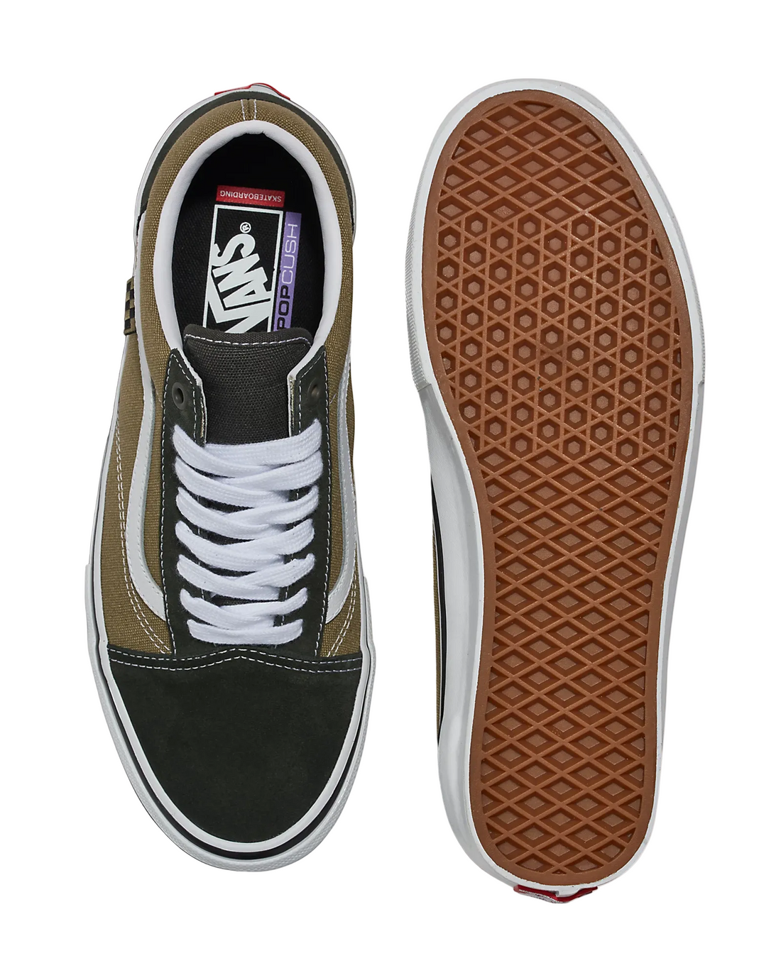 Vans Skate Old Skool shoes in Gothic Olive with suede and canvas upper, signature side stripe and gum rubber outsole.