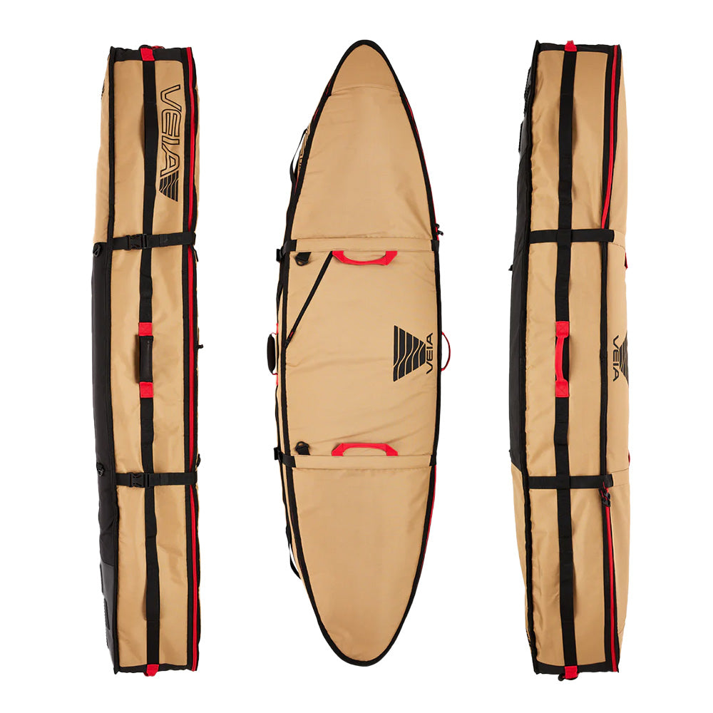 VEIA Four Board 7'0 Travel Bag Desert — premium multi-board surf travel bag with Pro Quadrant material and rockered shape, available at Freeride Surf & Skate NZ.