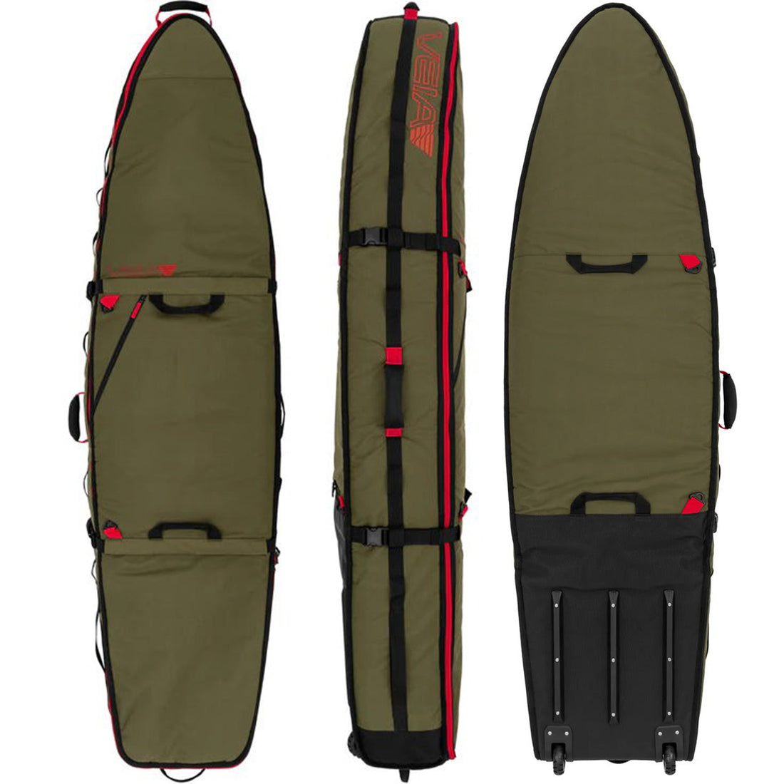 VEIA Wheeled Four Board 6'6 Travel Bag Squadron — premium four-board surf travel bag with wheels, heavy padding, and JJF rockered design, available at Freeride Surf & Skate NZ.