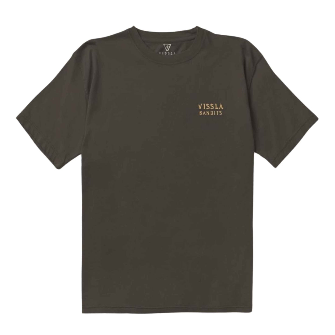 An olive green short-sleeve t-shirt with 'VISSLA BANDITS' printed in gold on the left chest, displayed flat against a white background.
