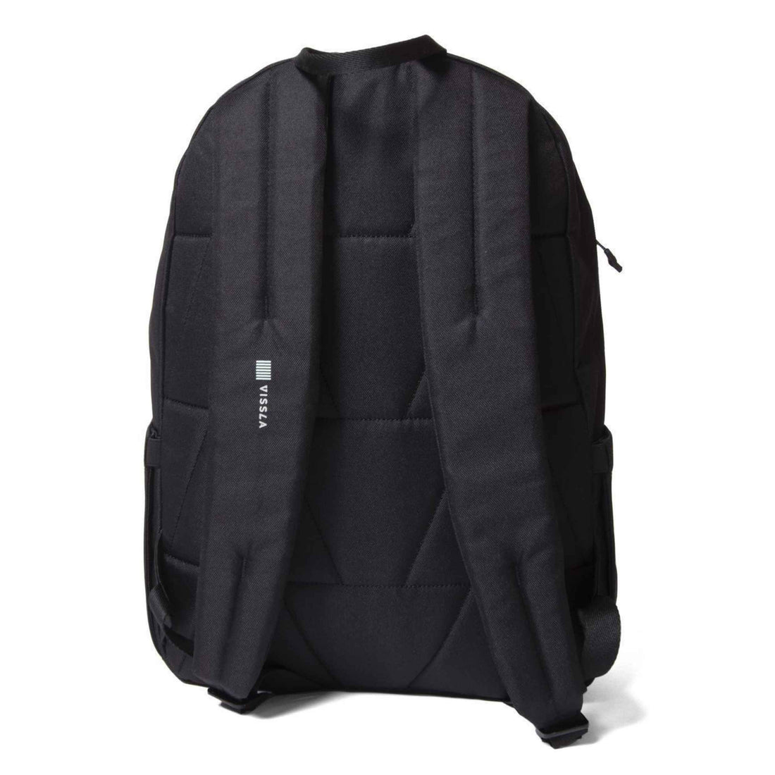 Vissla Day Tripper Eco backpack in black made from recycled polyester with padded straps and front pocket, available at Freeride Surf & Skate NZ.