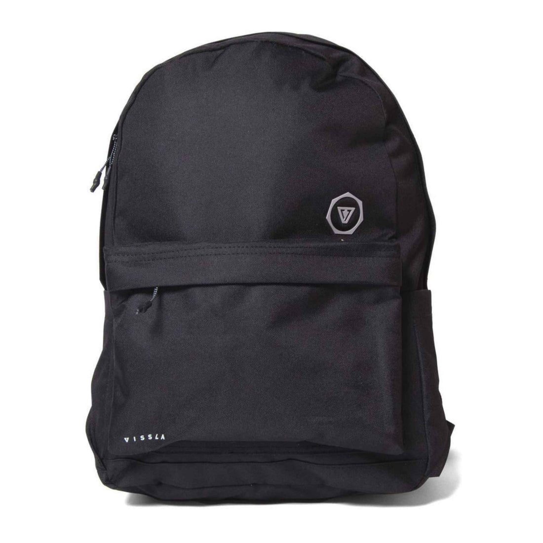 Vissla Day Tripper Eco backpack in black made from recycled polyester with padded straps and front pocket, available at Freeride Surf & Skate NZ.