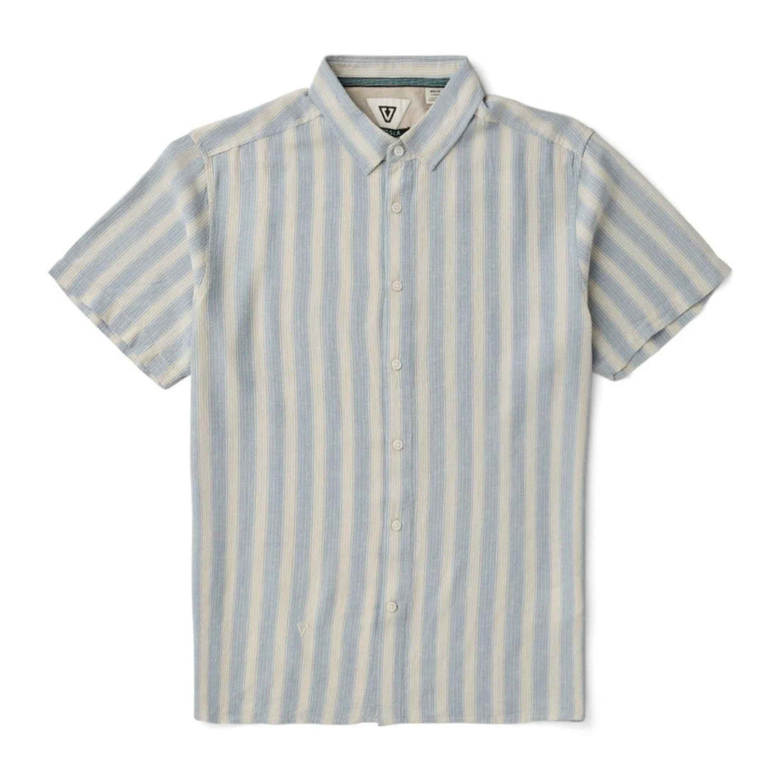 Vissla Grad Stripe Shirt in Faded Denim with yarn-dyed stripes and lightweight rayon-linen fabric, available at Freeride Surf & Skate NZ.
