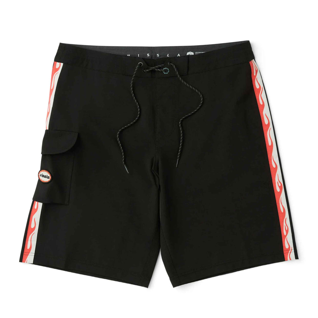 Vissla Long Set 21" Boardshort in Black Flame with longer Y2K-inspired fit, scalloped hem and embroidered Vissla side patch.