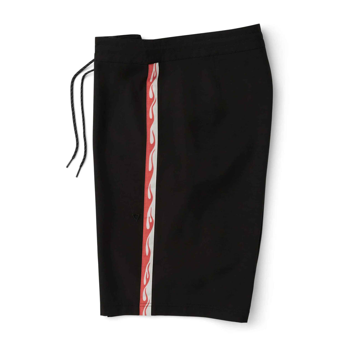 Black athletic shorts with a vertical red and white flame-patterned stripe down the side and black drawstrings, shown on a plain white background.