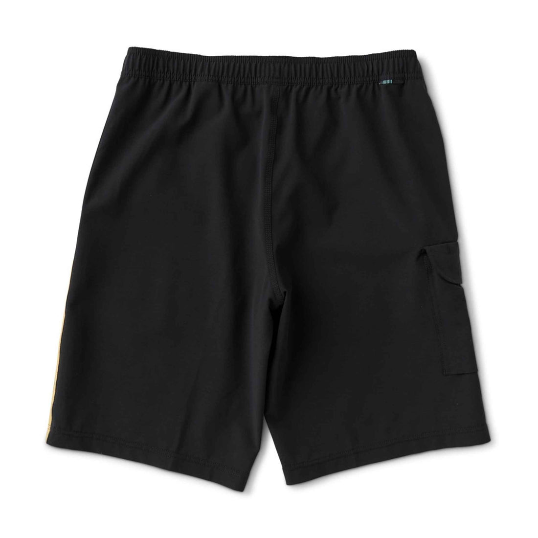 Black cargo-style athletic shorts with an elastic waistband and a side cargo pocket, shown flat against a white background.