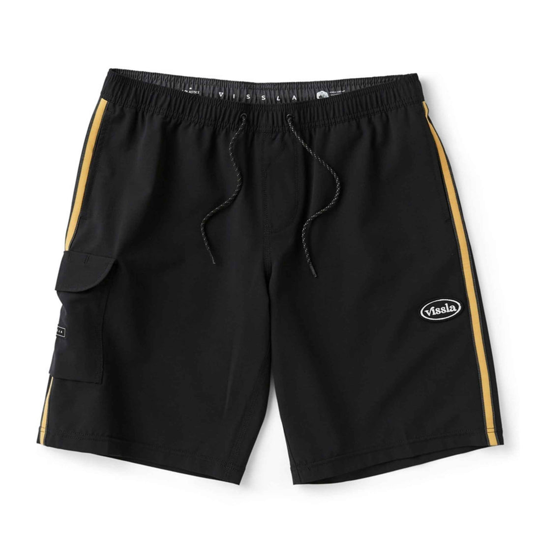 Vissla Long Sets 21" Ecolastic in Black with a relaxed long-leg fit, elastic waistband, scalloped hem and side pockets.