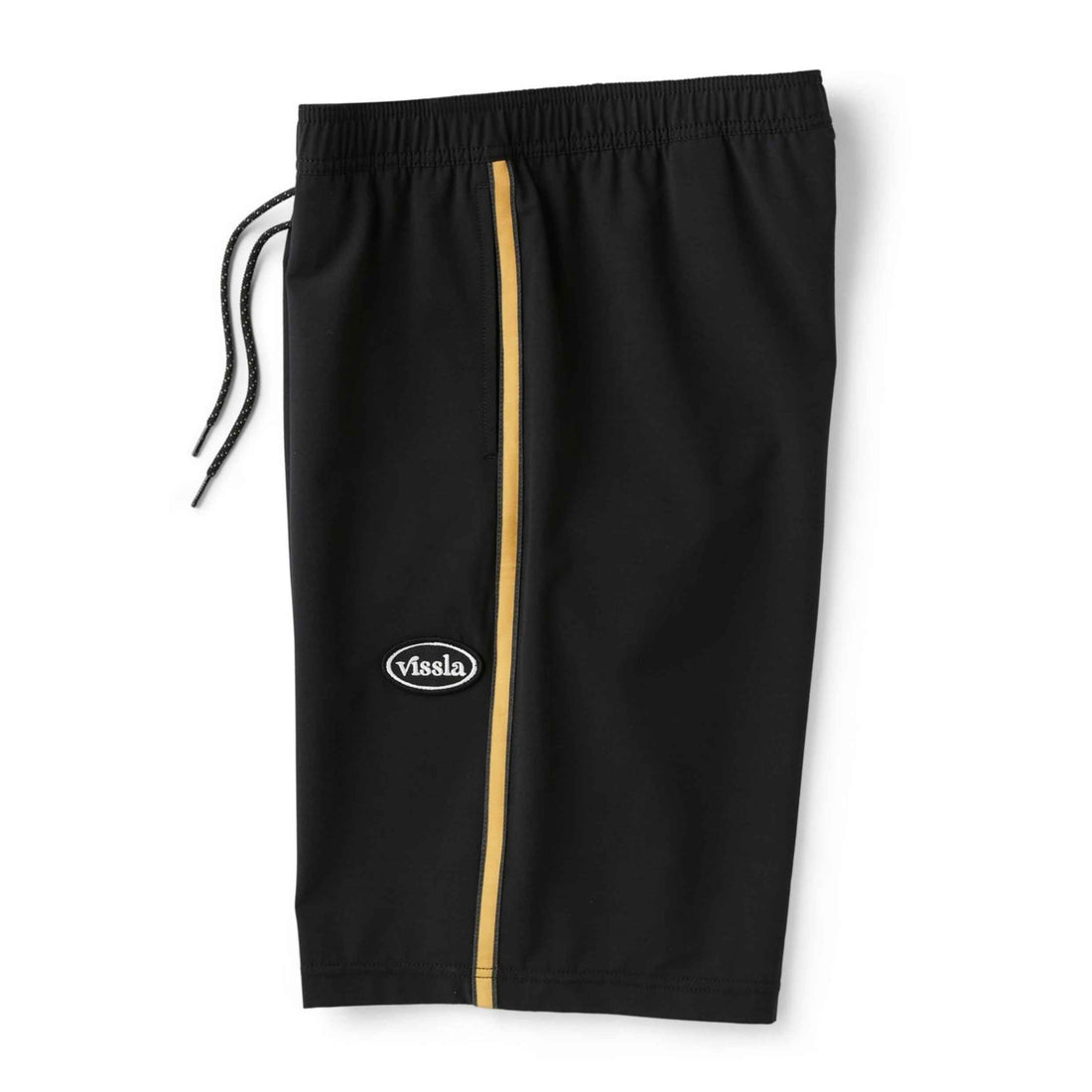 Black athletic shorts with a vertical gold stripe down the side, a white oval Vissla logo on the left leg, and a black drawstring at the elastic waistband, shown on a white background.