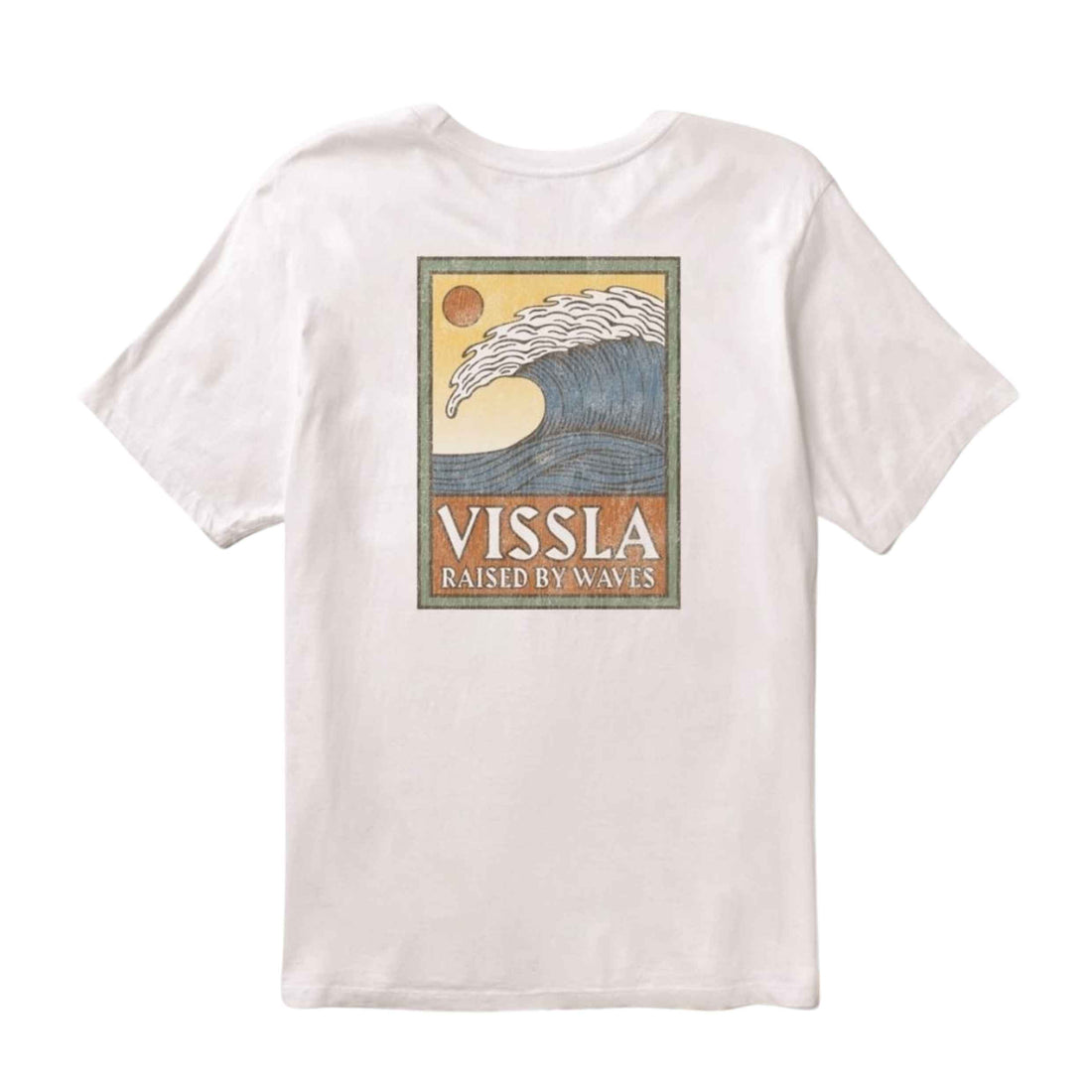 Vissla Peaky Swell Vintage Tee in White with relaxed fit, left chest pocket graphic and larger screen-printed artwork on the back.
