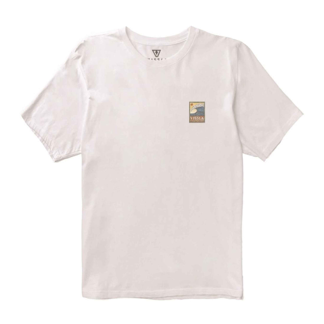 Vissla Peaky Swell Vintage Tee in White with relaxed fit, left chest pocket graphic and larger screen-printed artwork on the back.