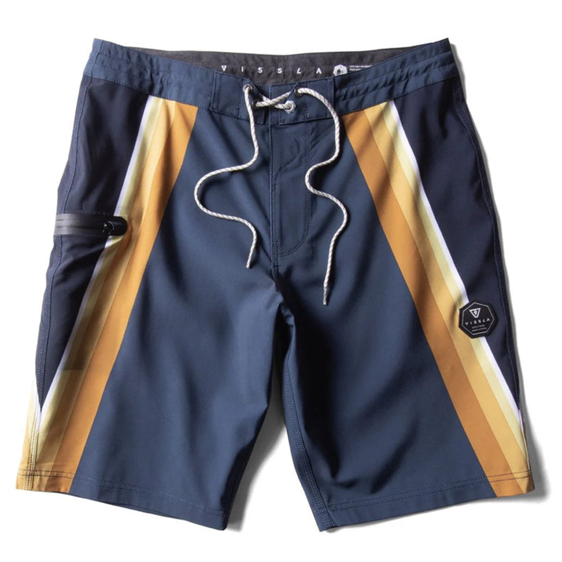 Vissla Recline 20.5" Boardshort in Dark Denim with colour-block side print, welded zip pocket and longer-length design.