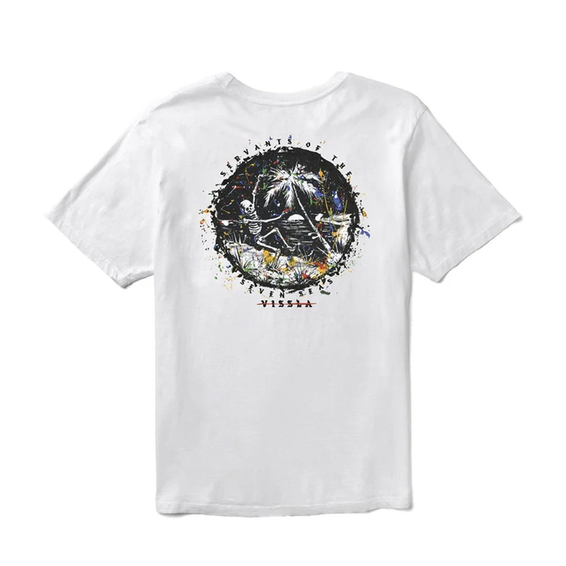 White t-shirt with a colorful graphic design on a white background