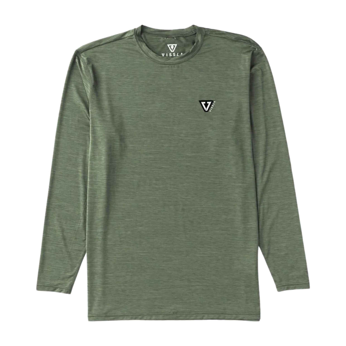An olive green long-sleeve crewneck shirt with a small black and white triangular logo on the left chest, displayed flat against a white background.