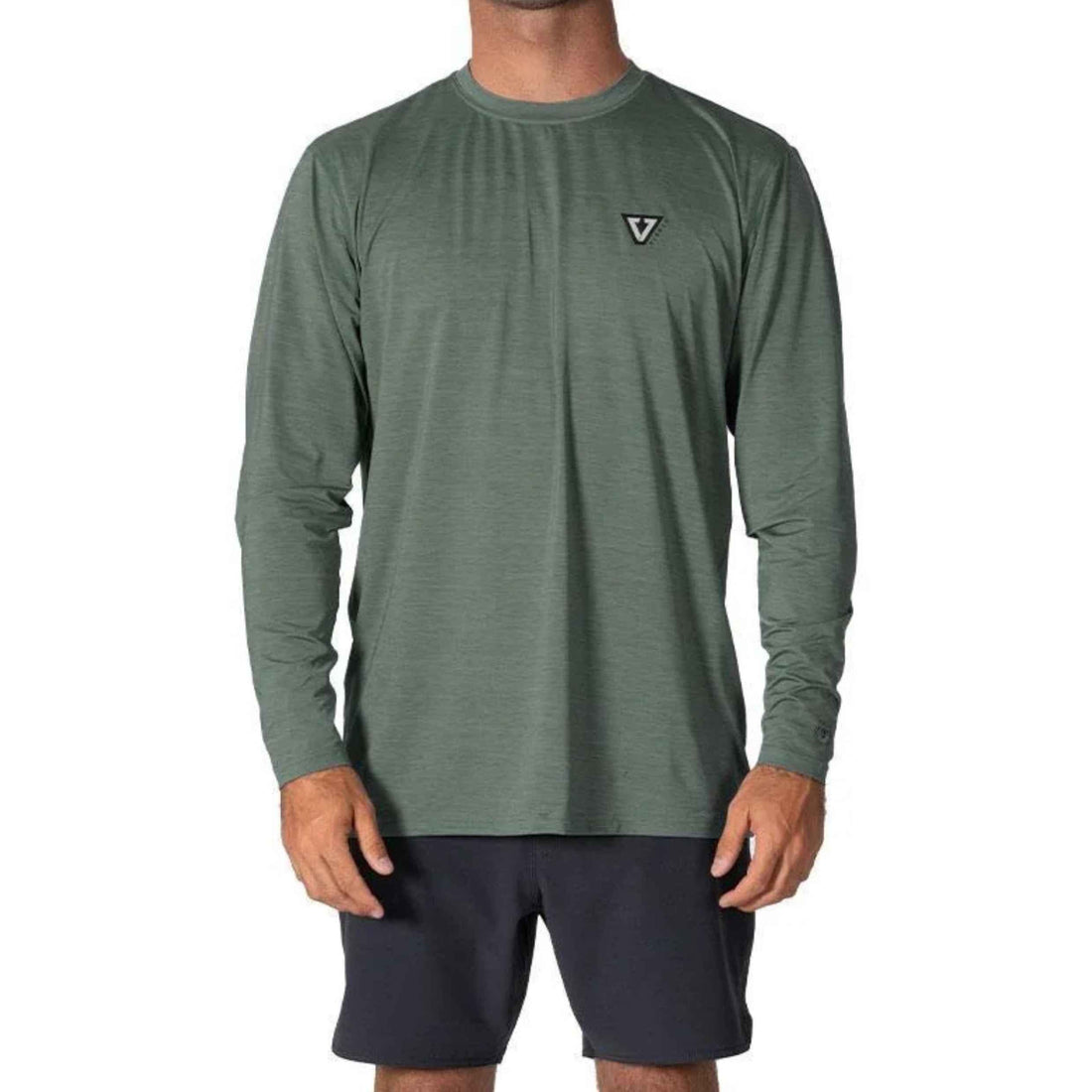 Vissla Twisted Eco Long Sleeve Lycra Sun Shirt in Army Heather with heathered long-sleeve construction and Vissla screen print logo on the front chest.
