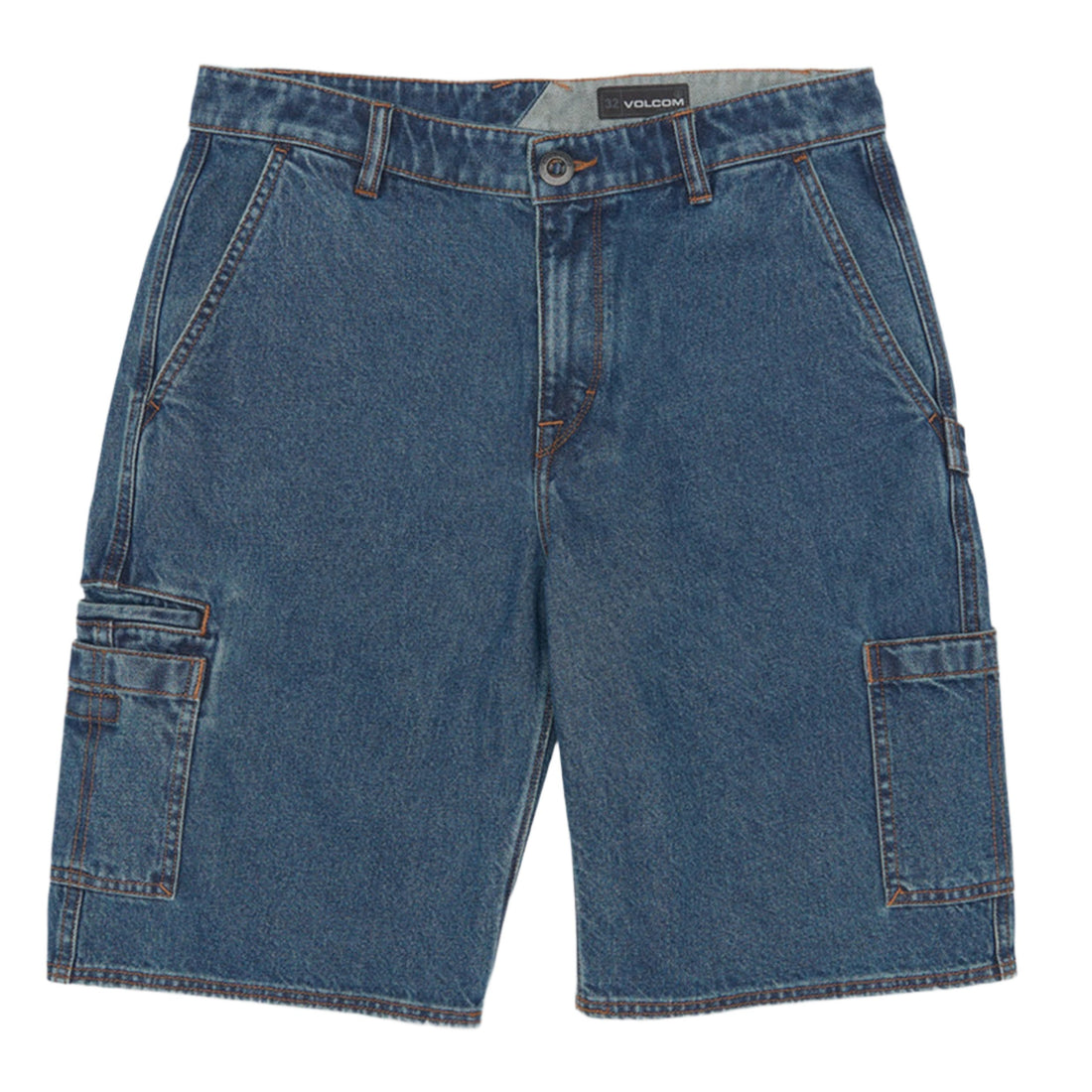 A pair of Volcom 1991 men's utility denim shorts in indigo ridge color with a front view. The shorts have a relaxed fit and visible signs of wear such as stitching and a dirty tint.