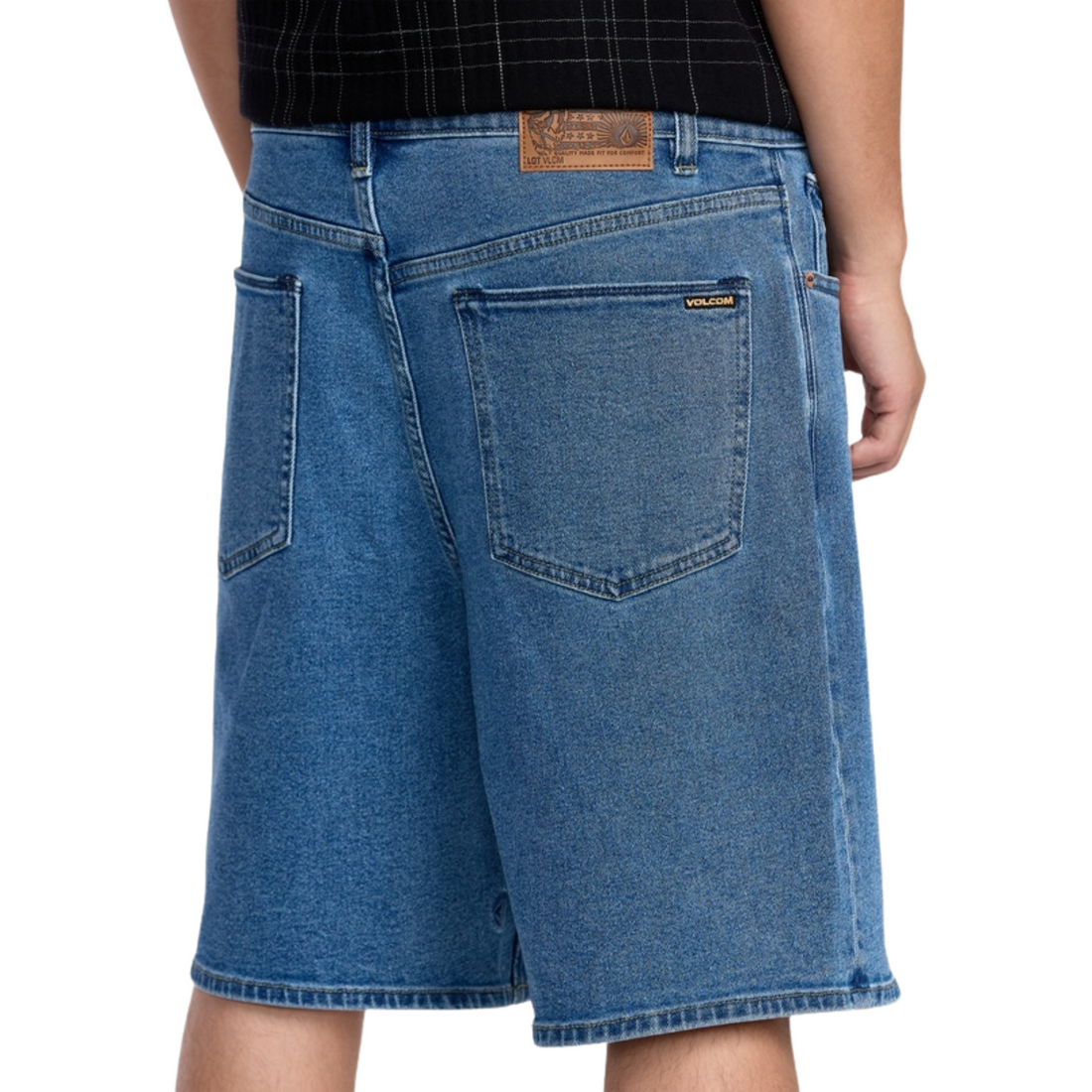 Volcom Billow Denim Short 22" in Deep River Blues with loose fit, low rise and lightly worn denim finish.