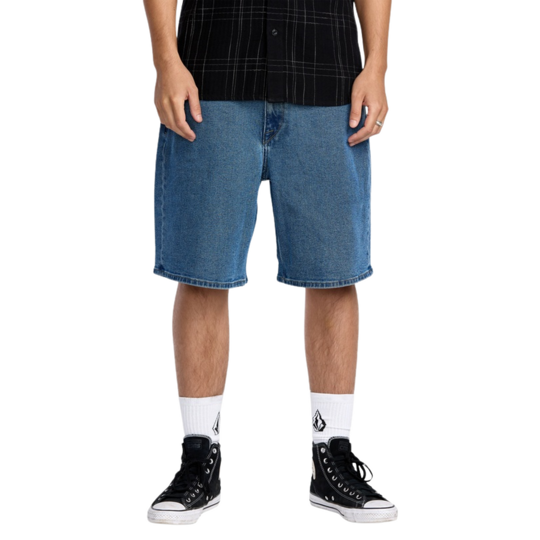 Volcom Billow Denim Short 22" in Deep River Blues with loose fit, low rise and lightly worn denim finish.