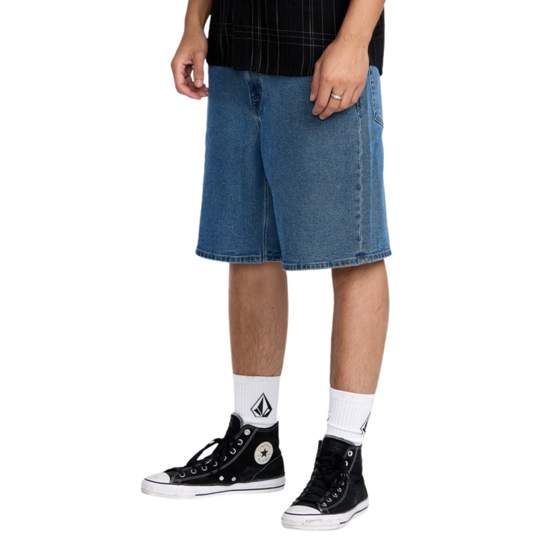 Volcom Billow Denim Short 22" in Deep River Blues with loose fit, low rise and lightly worn denim finish.