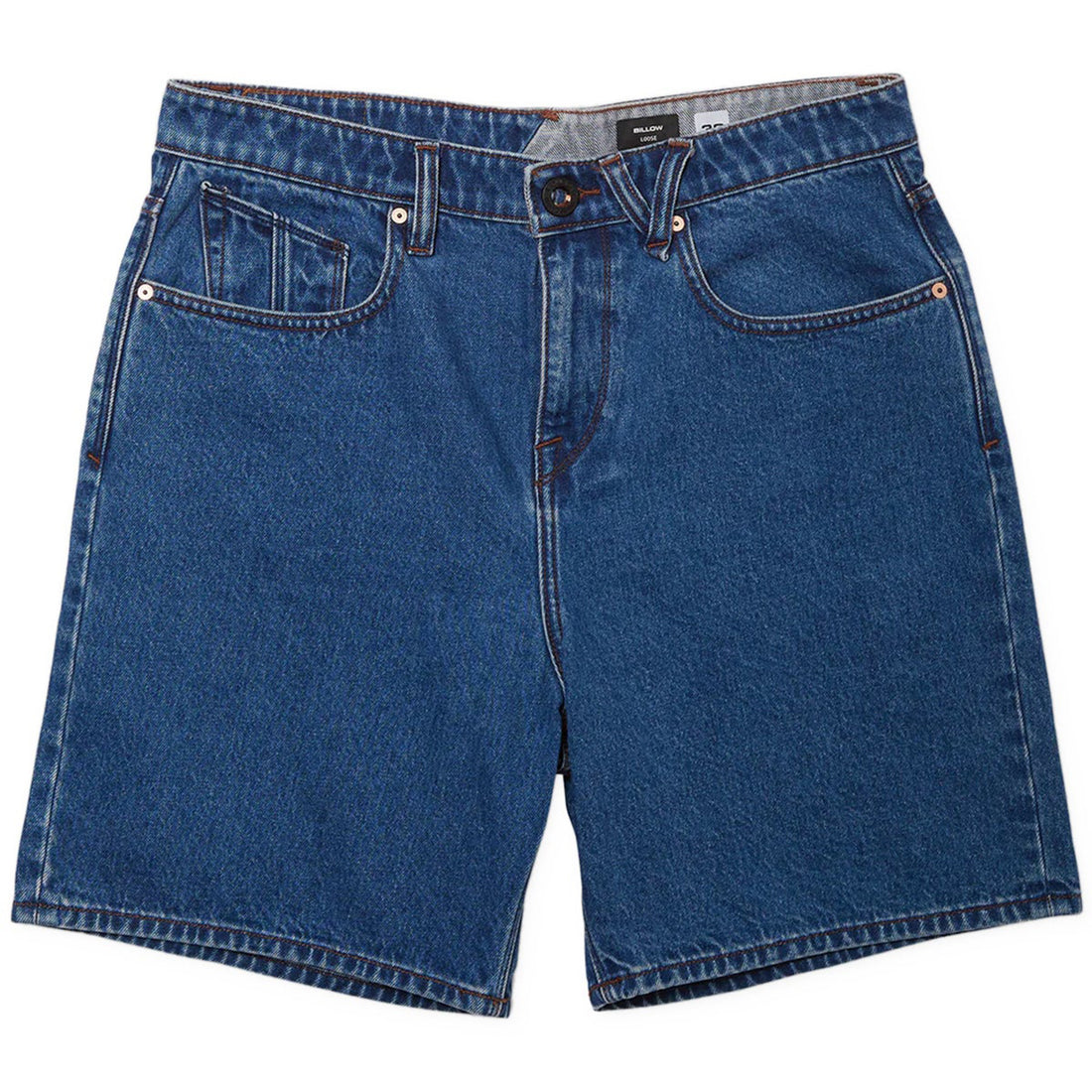 Volcom Billow Denim Short in Oliver Mid Blue with relaxed fit, five-pocket construction and medium-wash denim finish.