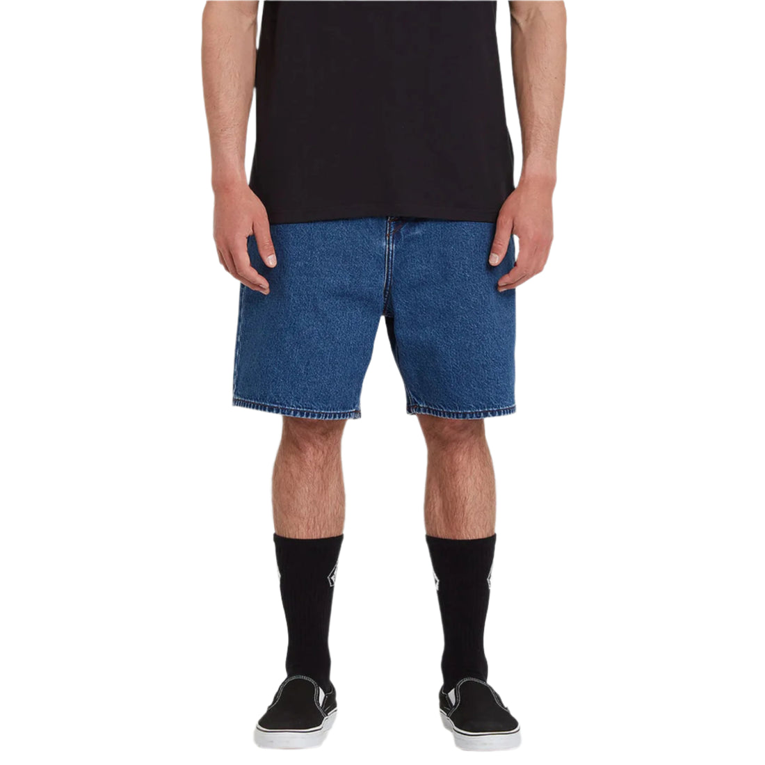 Volcom Billow Denim Short in Oliver Mid Blue with relaxed fit, five-pocket construction and medium-wash denim finish.