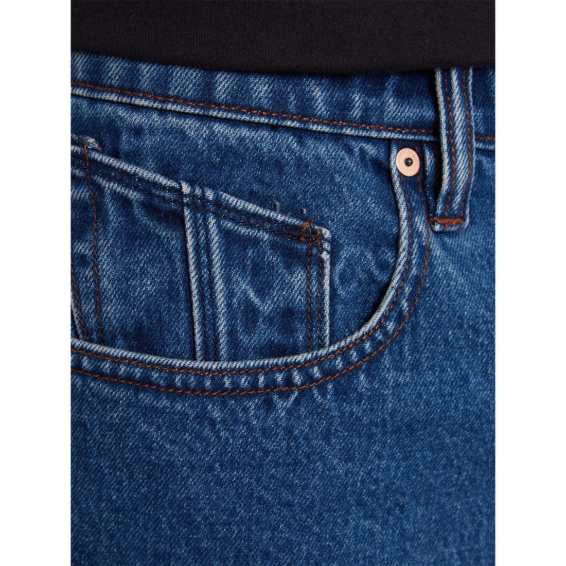 Volcom Billow Denim Short in Oliver Mid Blue with relaxed fit, five-pocket construction and medium-wash denim finish.