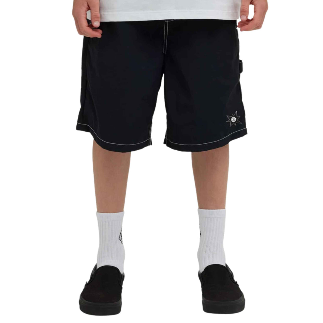 Volcom Boys Distrub Youth Short featuring lightweight nylon fabric, loose fit, elastic drawcord waistband, 19-inch outseam and Volcom Stone Star branding, available at Freeride Surf & Skate NZ.