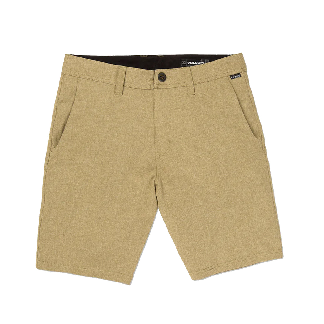 A pair of beige, modern-fit Volcom shorts with a hidden zip pocket and asymmetrical back pocket, featuring a fixed waist and a signature Volcom branding on the back pocket.