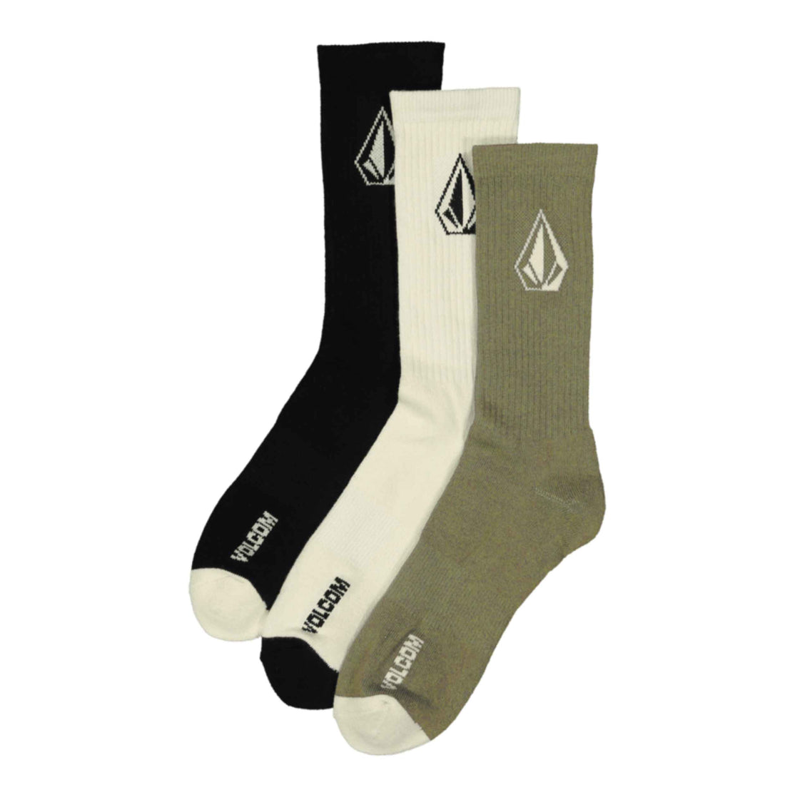 Volcom Full Stone Sock 3 Pack in black, beige and green, size US 9-12, available at Freeride Surf & Skate NZ.