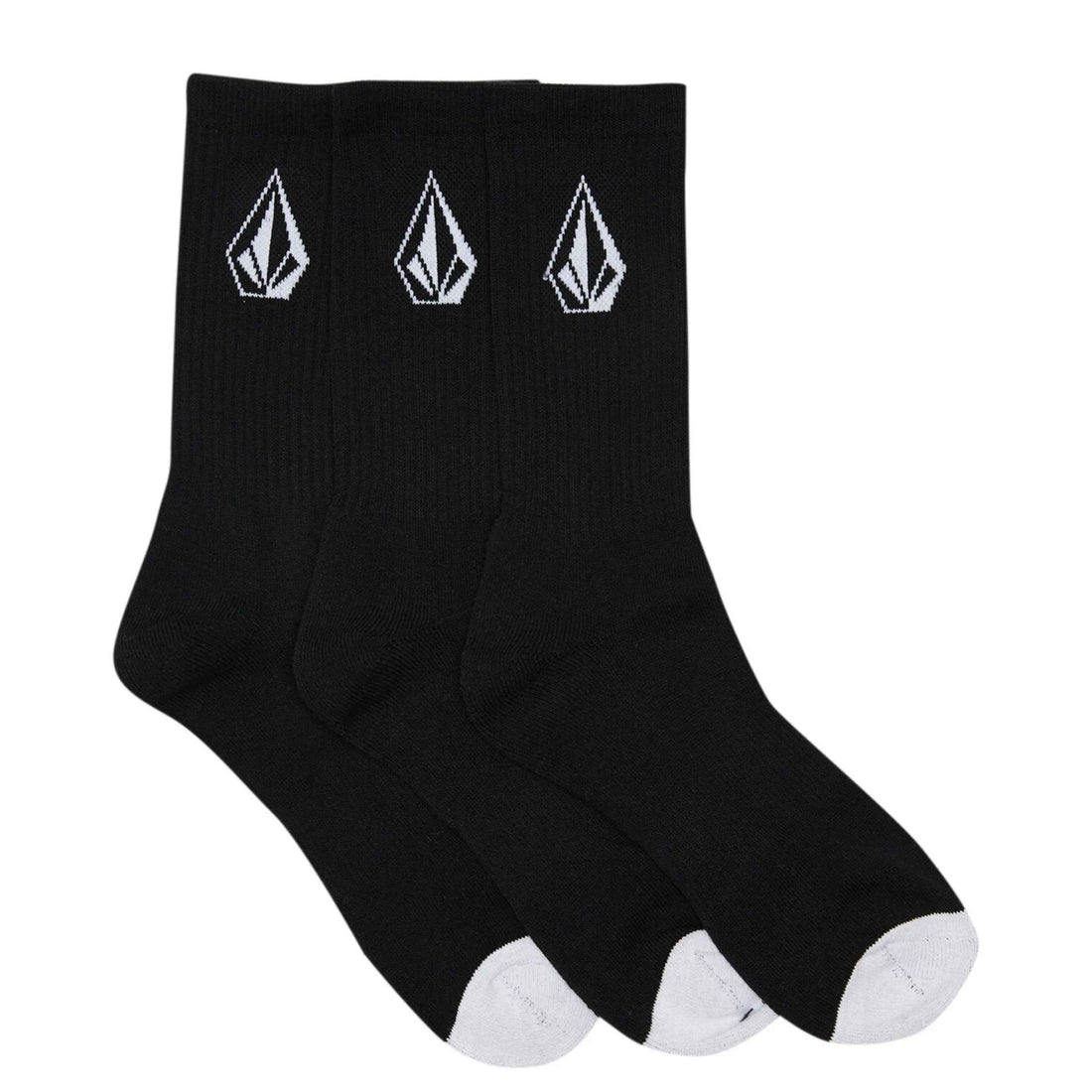 Volcom Fullstone Socks 3 Pack in Black size US 9-12 with Jacquard Stone logo, available at Freeride Surf & Skate NZ.