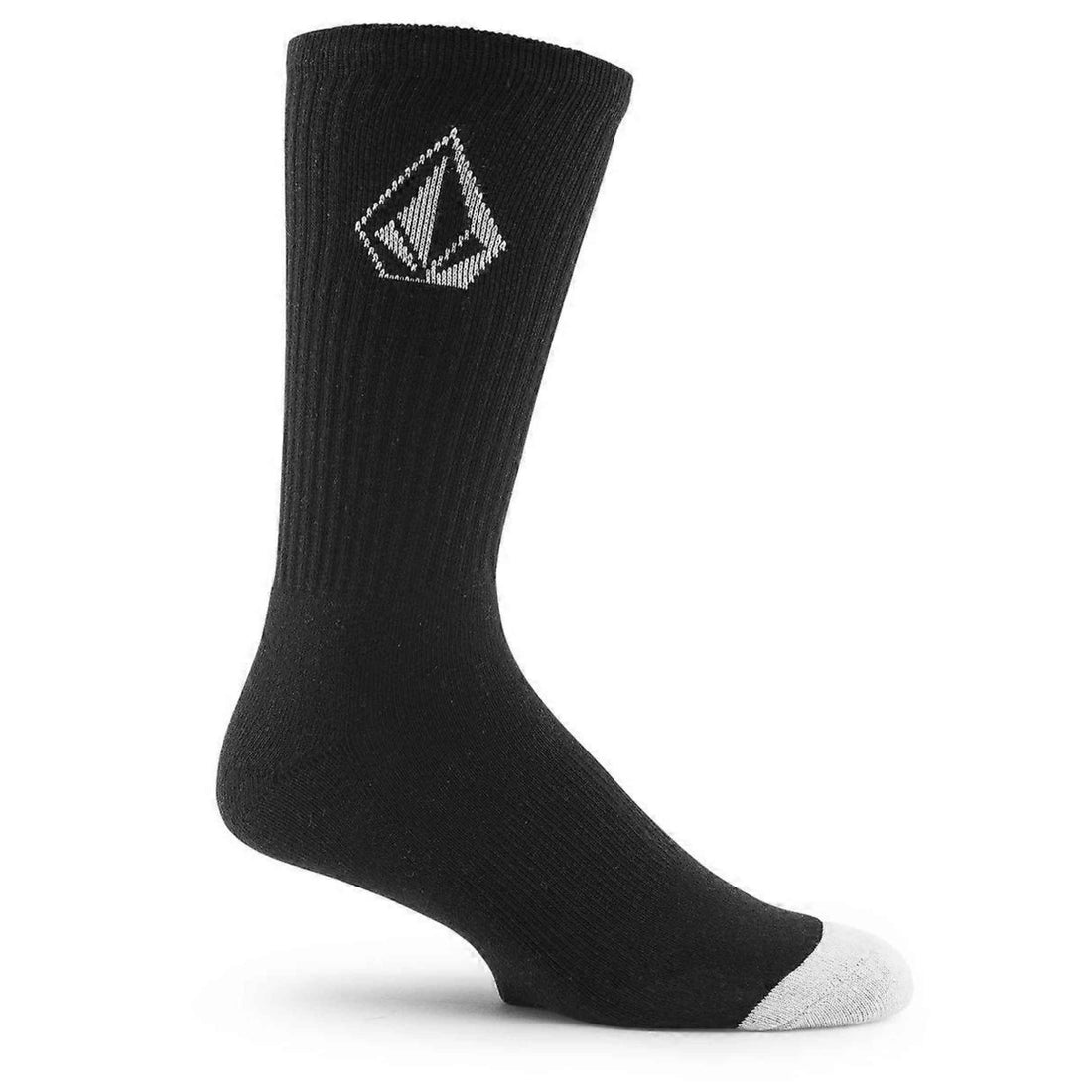 A single black crew sock with a white Volcom logo on the upper calf and a white toe cap, shown on a white background.