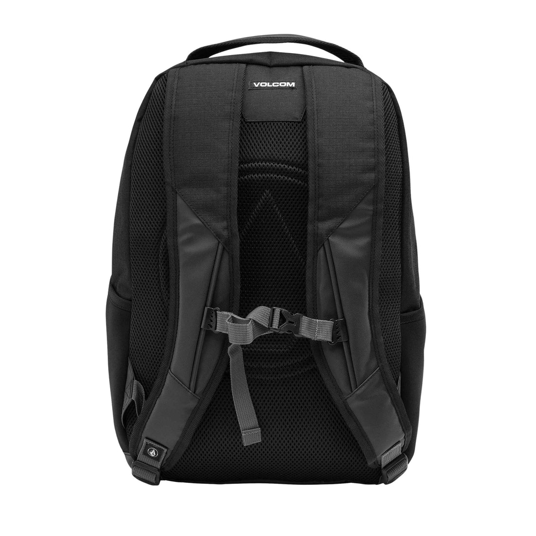 Volcom Grindstone Skate Backpack in Black — durable everyday backpack with skate straps and multi-compartment storage, available at Freeride Surf & Skate NZ.