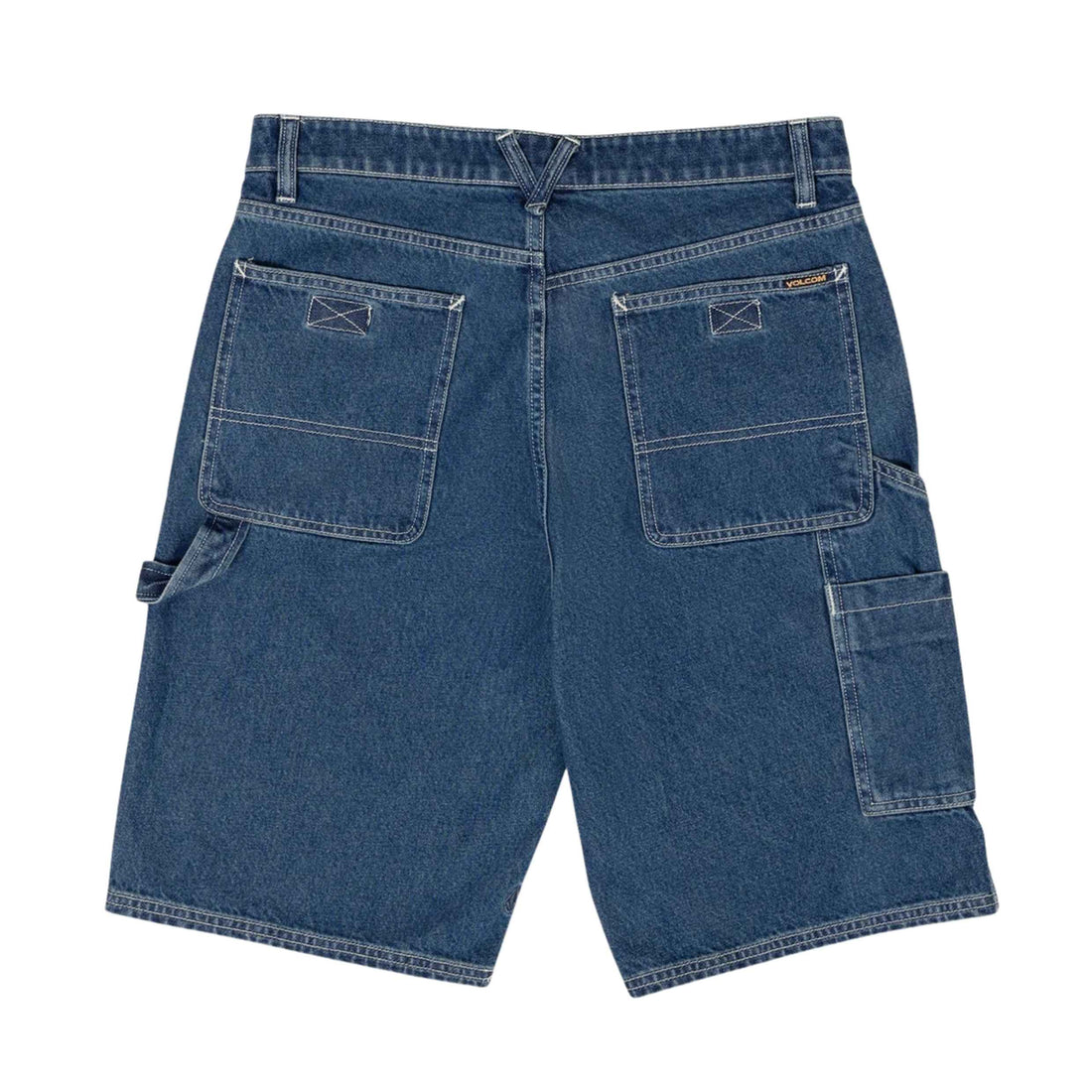 Blue denim cargo shorts shown from the back, featuring two large back patch pockets, a button closure, belt loops, and side cargo pockets, photographed on a plain white background.