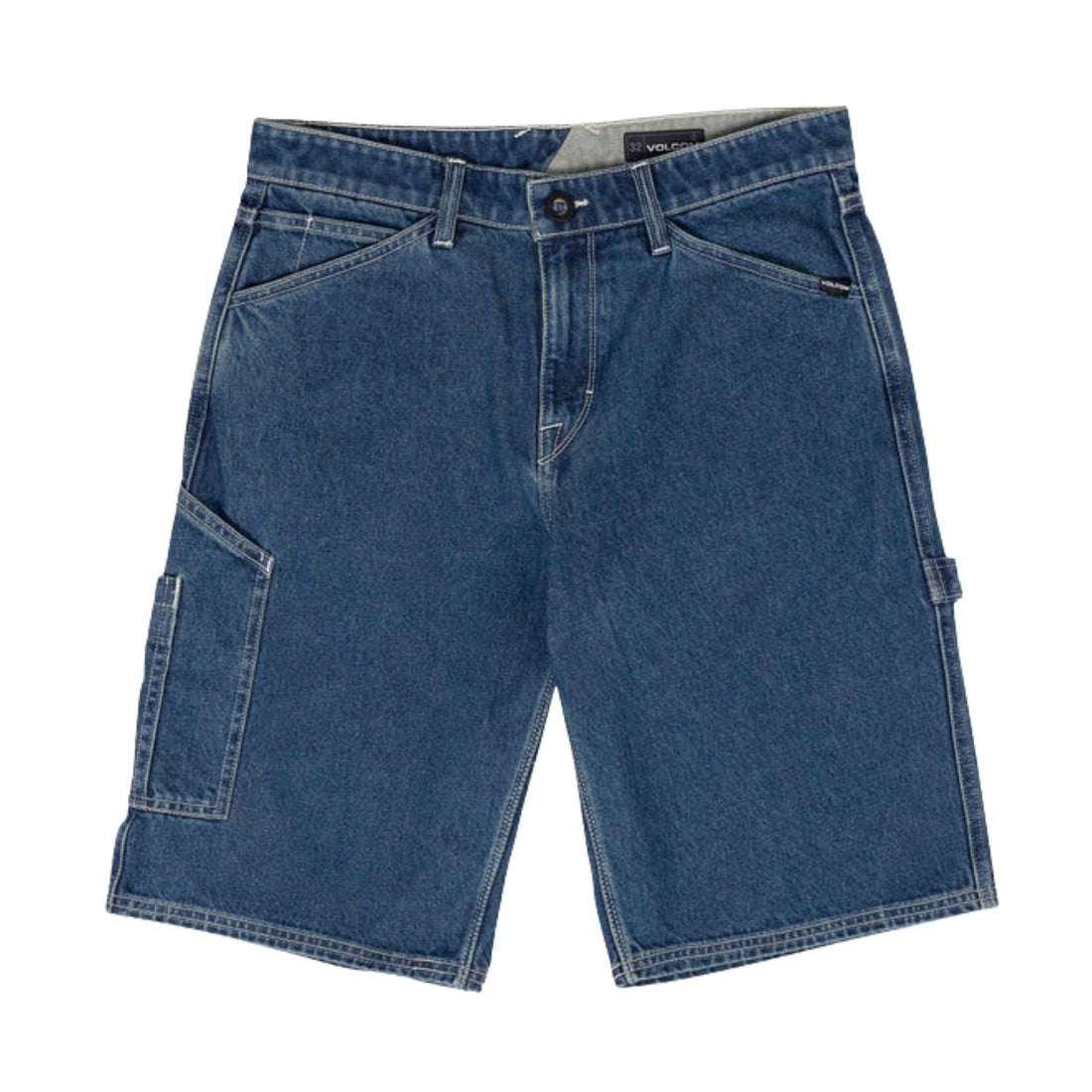 Volcom Labored Denim Utility Short with relaxed 23" fit, rigid denim construction and workwear utility detailing.