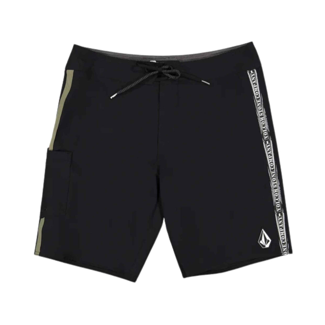 Volcom Liberators Boardshorts front view in Black and White showing 20-inch length and panel design.