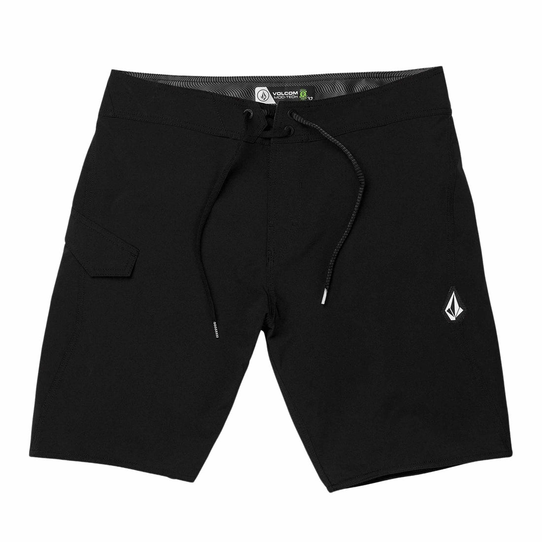Volcom Lido Solid Mod 20 inch black boardshort with 4-way stretch fabric and Cinch Fly closure, available at Freeride Surf & Skate NZ.
