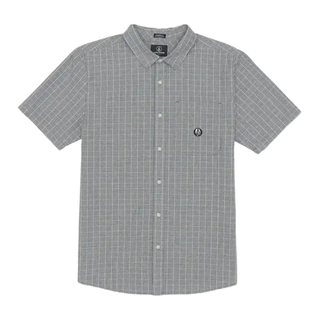 A short-sleeved, yarn-dyed check pattern Lonsdale dress shirt by Volcom in a light gray color, featuring a left chest pocket with logo embroidery and a hanger loop at the back yoke. Volcom Lonsdale Dress Shirt Short Sleeve in Egg White available at Freeride Surf & Skate NZ.