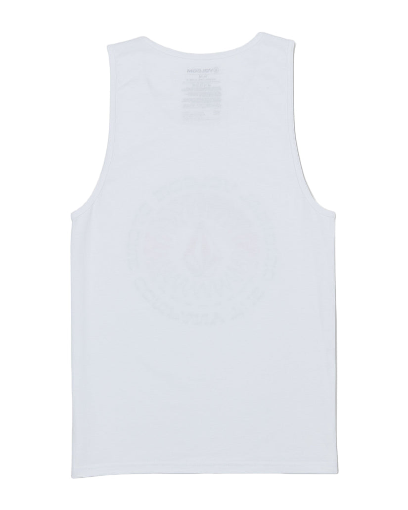 Volcom Sol'd Out Tank in white with chest print, available at Freeride Surf & Skate NZ.