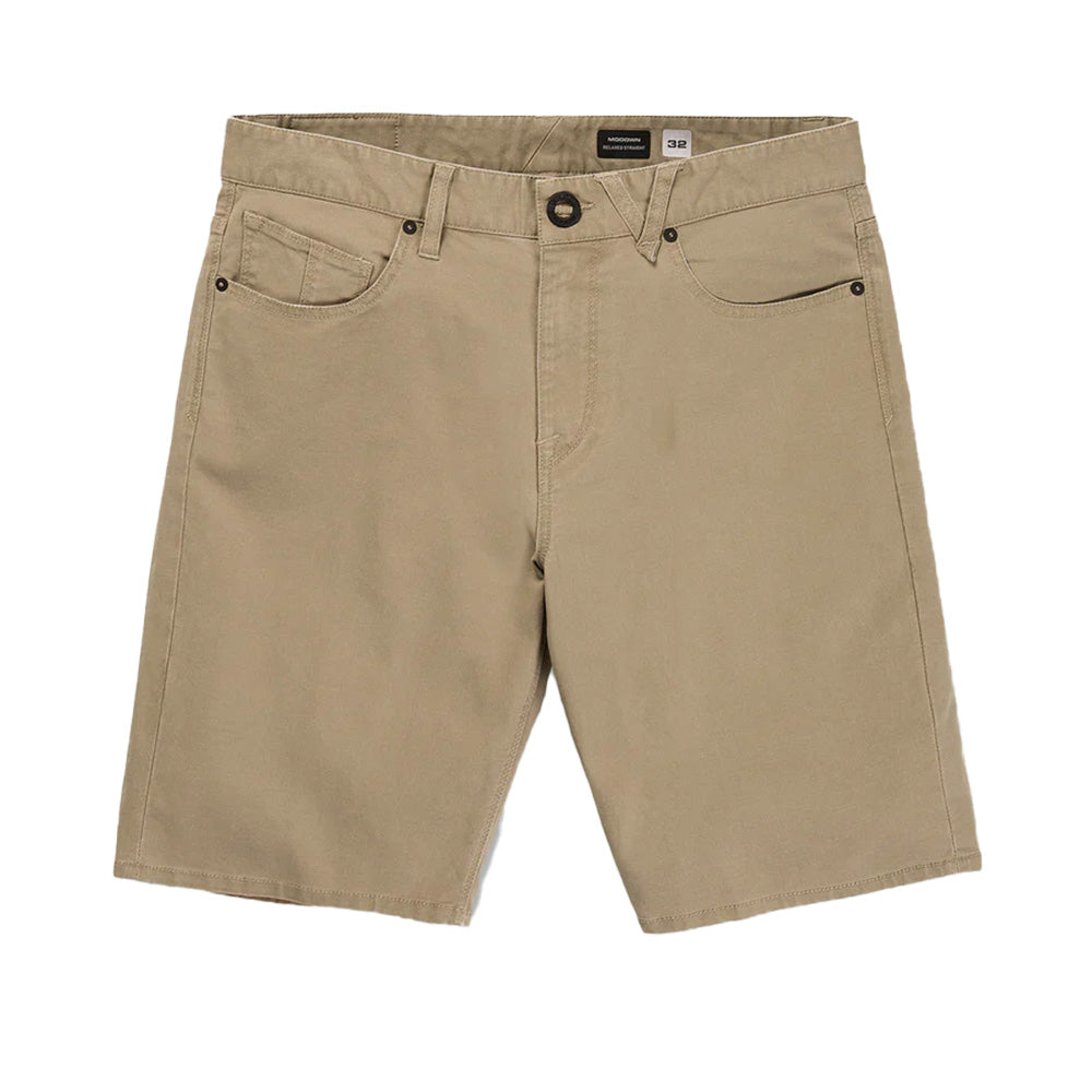 Volcom Modown Canvas 5 Pocket Short in Dark Khaki with relaxed fit, stretch canvas construction and classic five-pocket styling.