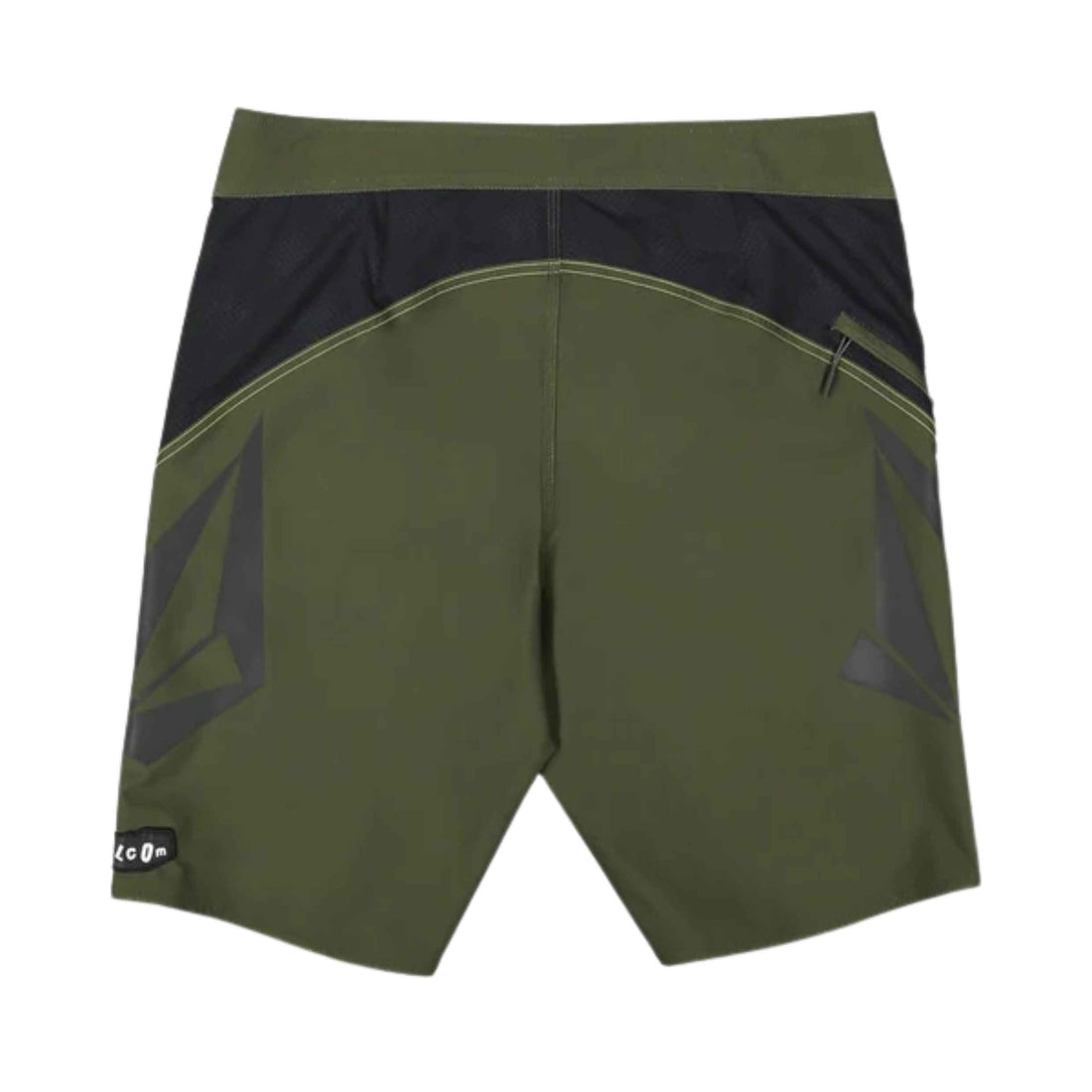 Olive green and black board shorts with geometric logo graphics on the thighs, a zippered pocket on the right side, and a small Volcom logo patch on the lower left hem.