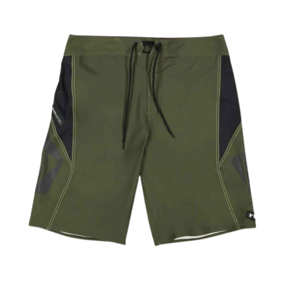 Volcom Pro Stone Modern 21" Boardshort in Squadron Green with Cinch Fly waist, side welt zip pocket and reflective Stone logo.