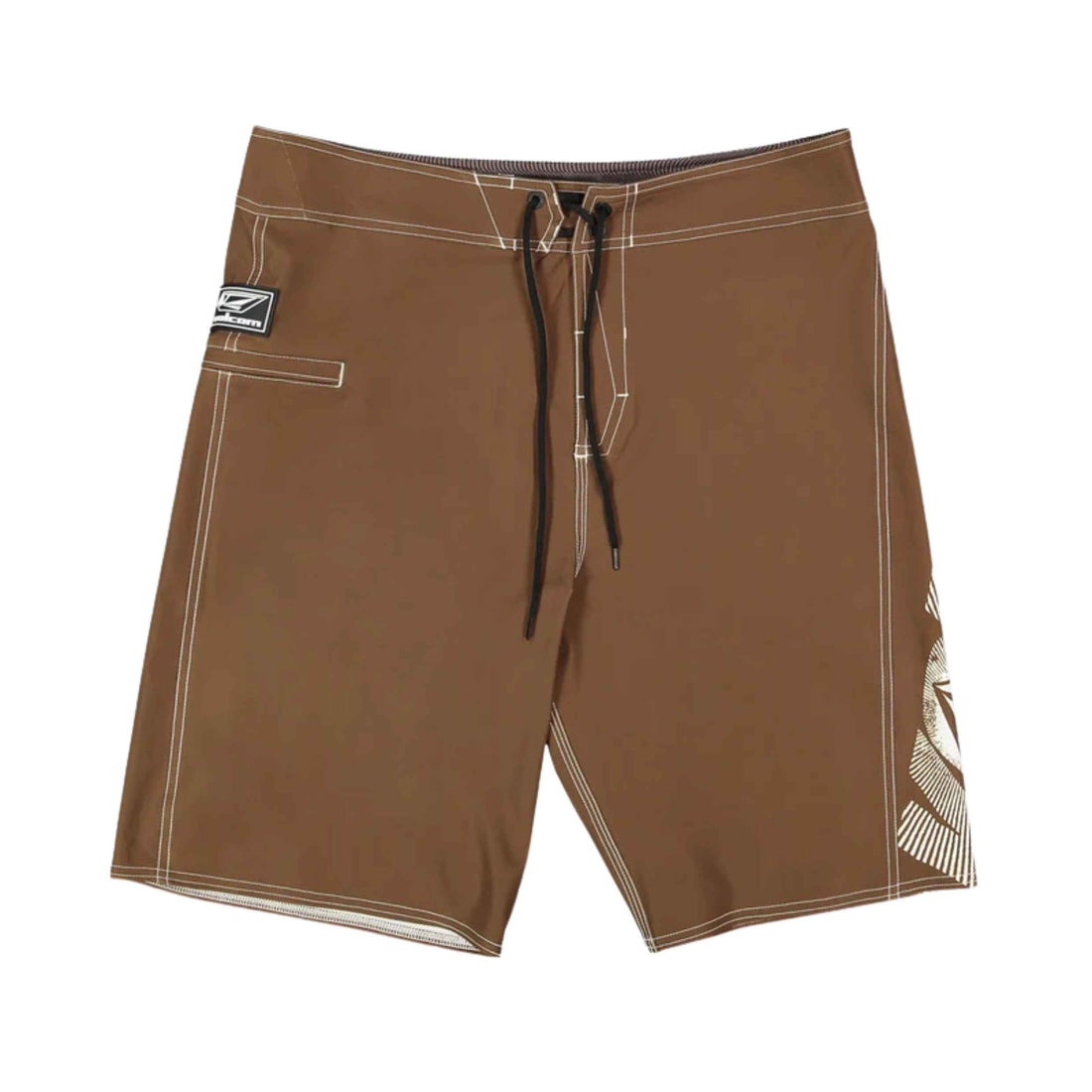 A pair of brown volcom board shorts with white contrast stitching, a black drawstring, and a graphic print on the lower left leg, shown against a plain white background.