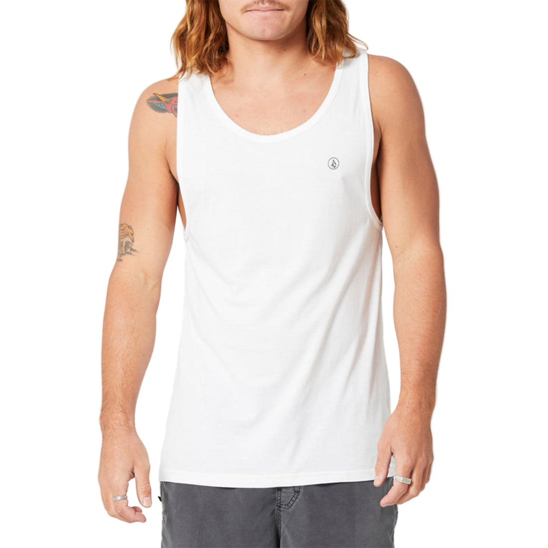 Volcom Solid Out Tank White — men's sleeveless top with Volcom Stone chest print, available at Freeride Surf & Skate NZ.